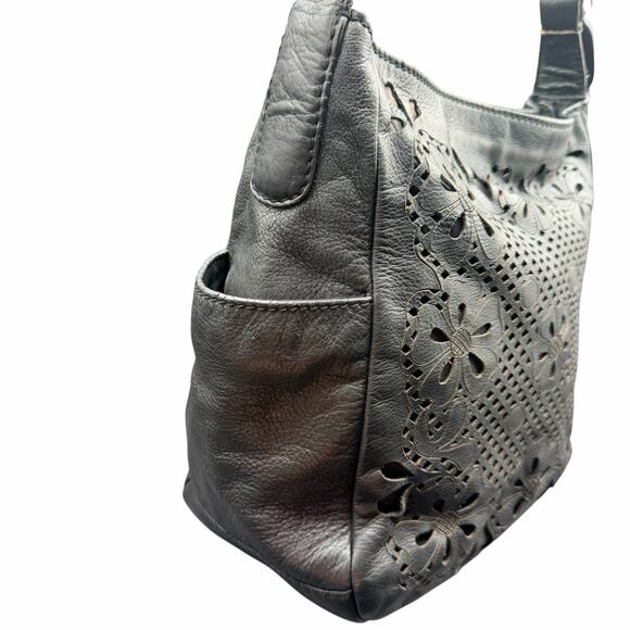 Isabella Fiore Black Leather Laser Cut Floral Shoulder Hobo Bag - Picture 4 of 16
